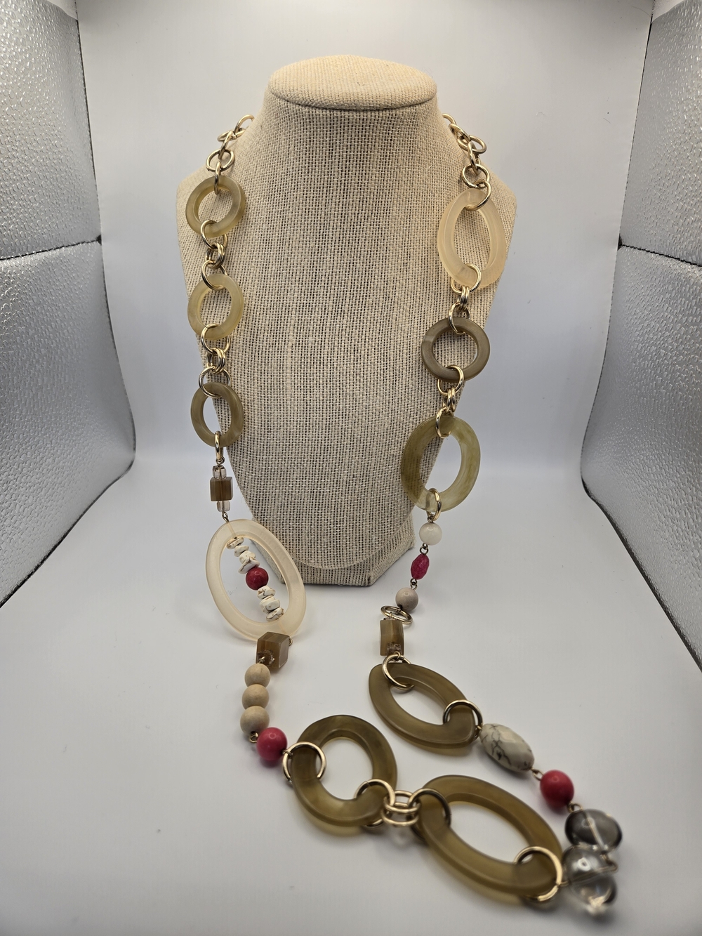 Chico's Long Beaded Resin and Chain Necklace Beige Pink Boho Beach Summer